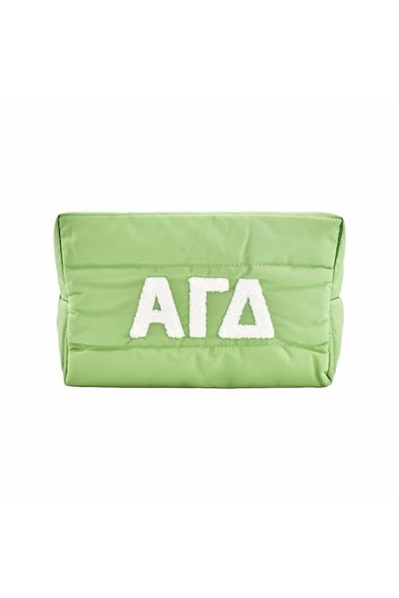 Sorority Shop Alpha Gamma Delta Makeup Bag - Puffer Style with Sorority Letters, Travel Cosmetic Bag with Zipper Closure, Perfect Alpha Gamma Delta Sorority Gifts for Women