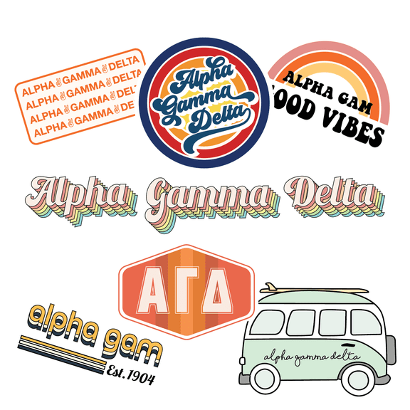 Sorority Shop Alpha Gamma Delta - Sticker Sheet - Retro Theme Vinyl Sorority Stickers with Officially Licensed Designs, Removable Adhesive, 7 Stickers per Sheet