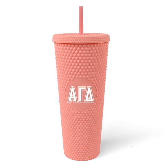 Sorority Shop Alpha Gamma Delta Studded Tumbler - 24 Oz Tumbler with Lid and Straw, Matte Coral, Reusable Plastic Cup with Screen Printed Greek Letters