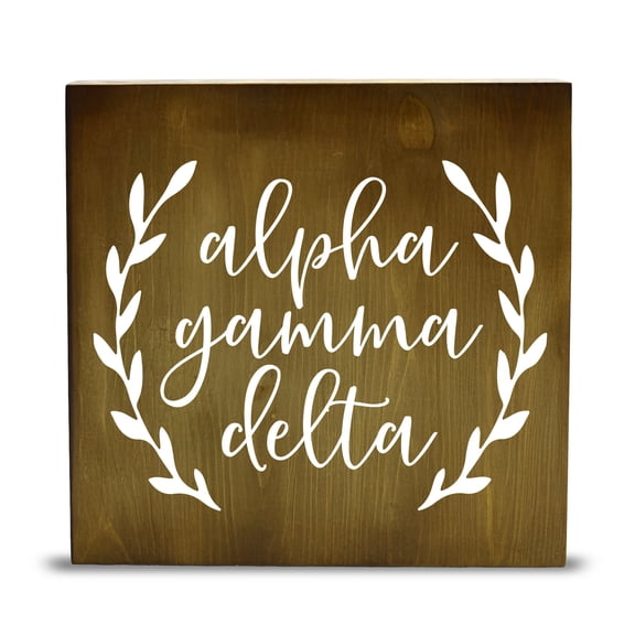 Sorority Shop Alpha Gamma Delta Wall Art - 10" X 10" Square, Solid Wood Wall Decor, Sorority Name with Olive Leaves Wall Sign