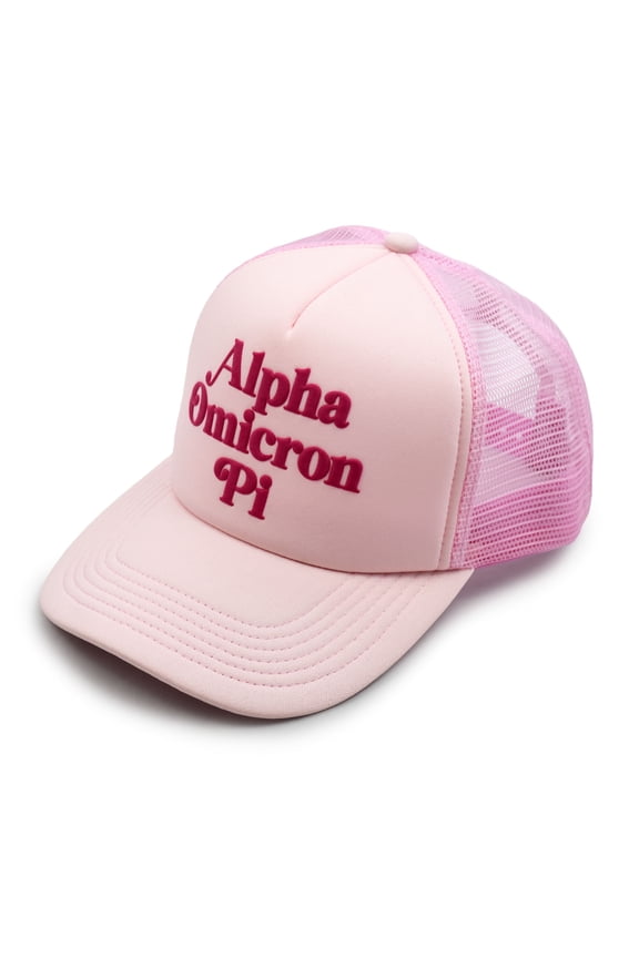 Alpha Omicron Pi Baseball Cap - Mesh Trucker-Style Hat, Padded Front Panel and Snap Closure (Pink)