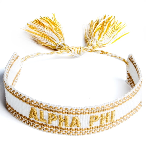 Sorority Shop Alpha Phi Bracelet Woven Bracelet, White and Gold Design with ACO Sorority Name and Tassels, Greek Sorority Jewelry
