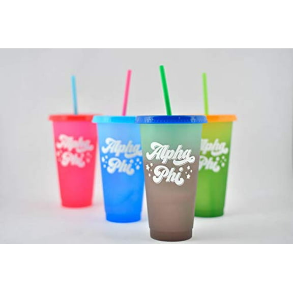 Sorority Shop Alpha Phi Color Changing Cups - Pack of 4 Reusable Cups with Lids and Straws, Alpha Phi Cup, Perfect Size 24 Oz Tumbler Cups, Mix and Match Lids With Cool Retro Design