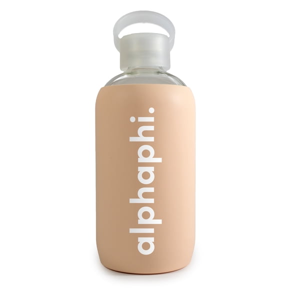 Sorority Shop Alpha Phi Glass Water Bottle with Silicone Sleeve - 16 Oz Reusable Water Bottle with Leakproof Cap