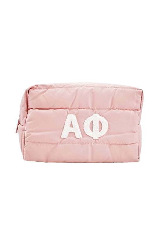 Sorority Shop Alpha Phi Makeup Bag- Puffer Style with Sorority Letters, Travel Cosmetic Bag with Zipper Closure, Perfect Alpha Phi Sorority Gifts for Women