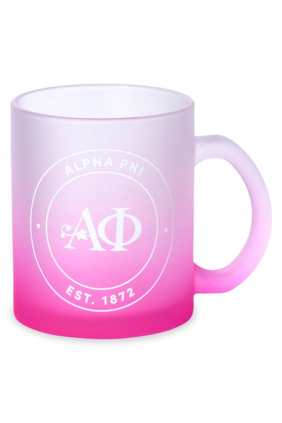 Alpha Phi Mug, Ombre Glass Mug with Screen Printed Sorority Name and Logo for Coffee or Any Drink