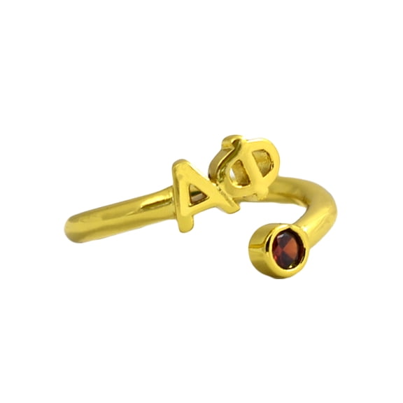 Sorority Shop Alpha Phi Ring, Wraparound Ring with 18k PVD Gold Coating and Cubic Zirconia Garnet Stone