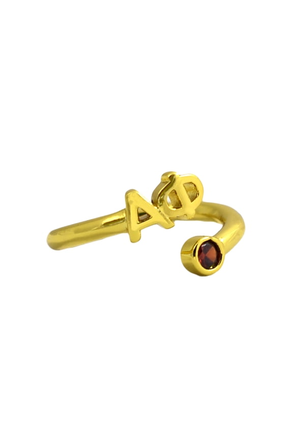 Alpha Phi Ring, Wraparound Ring with 18k PVD Gold Coating and Cubic Zirconia Garnet Stone