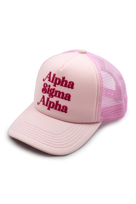 Alpha Sigma Alpha Baseball Cap - Mesh Trucker-Style Hat, Padded Front Panel and Snap Closure (Pink)