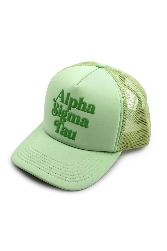 Alpha Sigma Tau Baseball Cap - Mesh Trucker-Style Hat, Padded Front Panel and Snap Closure (Green)