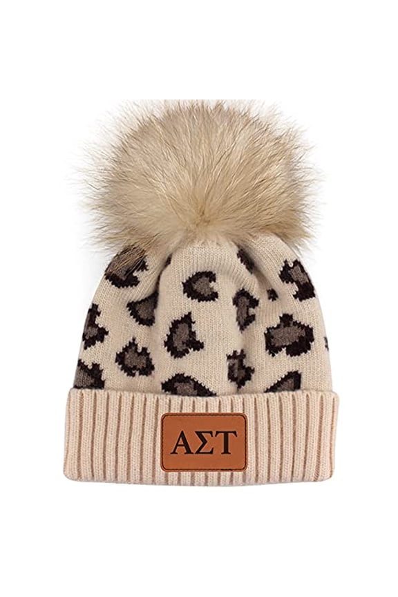 Sorority Shop - Alpha Sigma Tau Beanie Hat - Leopard Print - AST Name Patch