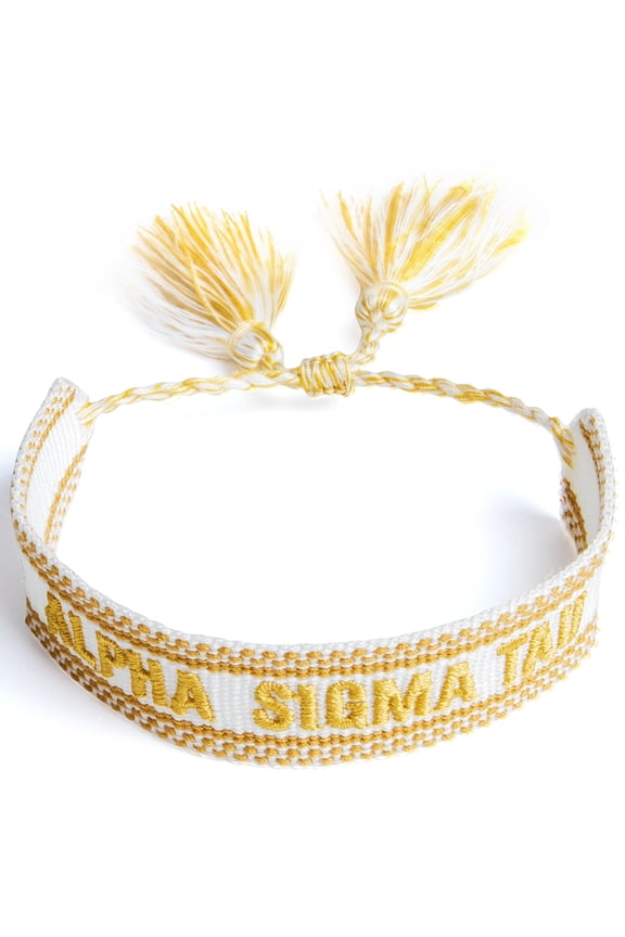 Alpha Sigma Tau Bracelet Woven Bracelet, White and Gold Design with ACO Sorority Name and Tassels, Greek Sorority Jewelry