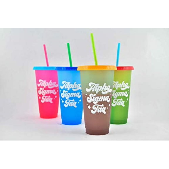Sorority Shop Alpha Sigma Tau Color Changing Cups - Pack of 4 Reusable Cups with Lids and Straws, Alpha Sigma Tau Cup, Perfect Size 24 Oz Tumbler Cups, Mix and Match Lids With Cool Retro Design