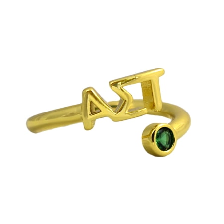 Sorority Shop Alpha Sigma Tau Ring, Wraparound Ring with 18k PVD Gold Coating and Cubic Zirconia Green Stone