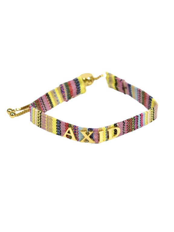Alpha Xi Delta Bracelet Multi-Color Woven Bracelet with Gold-plated Sorority Nickname and Adjustable Clasp