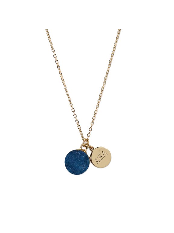 Alpha Xi Delta Dark Blue Druzy Gemstone Necklace with Engraved Pendant 14K Gold-Dipped Jewelry Sorority Gift, Charm Paraphernalia