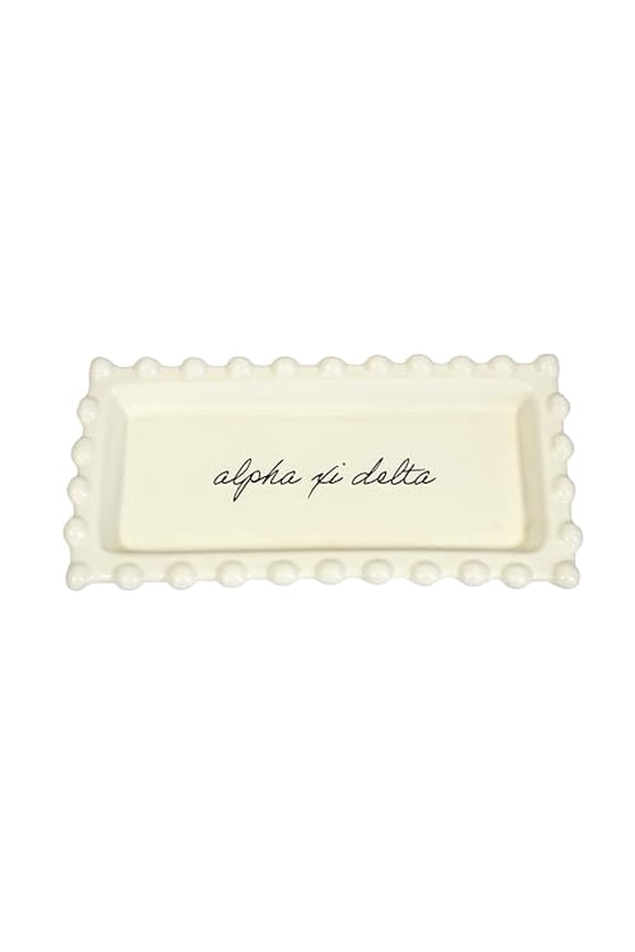 Alpha Xi Delta Jewelry Dish - Rectangular Gloss Finish Ceramic tray with Sorority Name in Cursive Script, Multi-Function Ceramic Ring Dish, Ideal for Jewelry and Keys