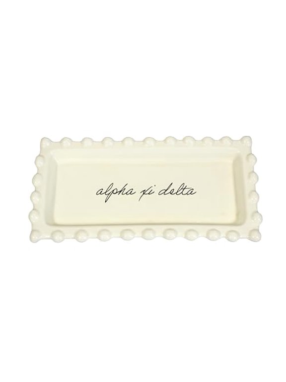 Alpha Xi Delta Jewelry Dish - Rectangular Gloss Finish Ceramic tray with Sorority Name in Cursive Script, Multi-Function Ceramic Ring Dish, Ideal for Jewelry and Keys