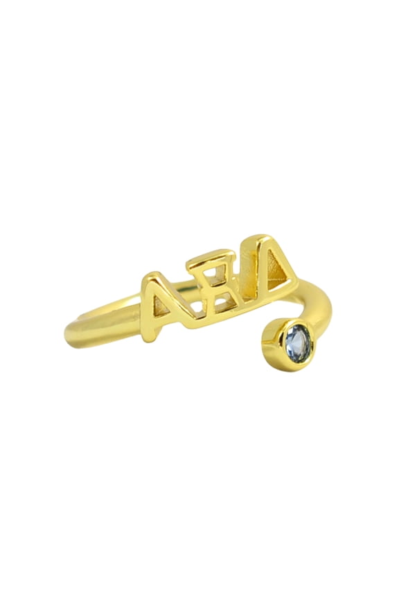 Alpha Xi Delta Ring, Wraparound Ring with 18k PVD Gold Coating and Cubic Zirconia Sapphire Blue Stone