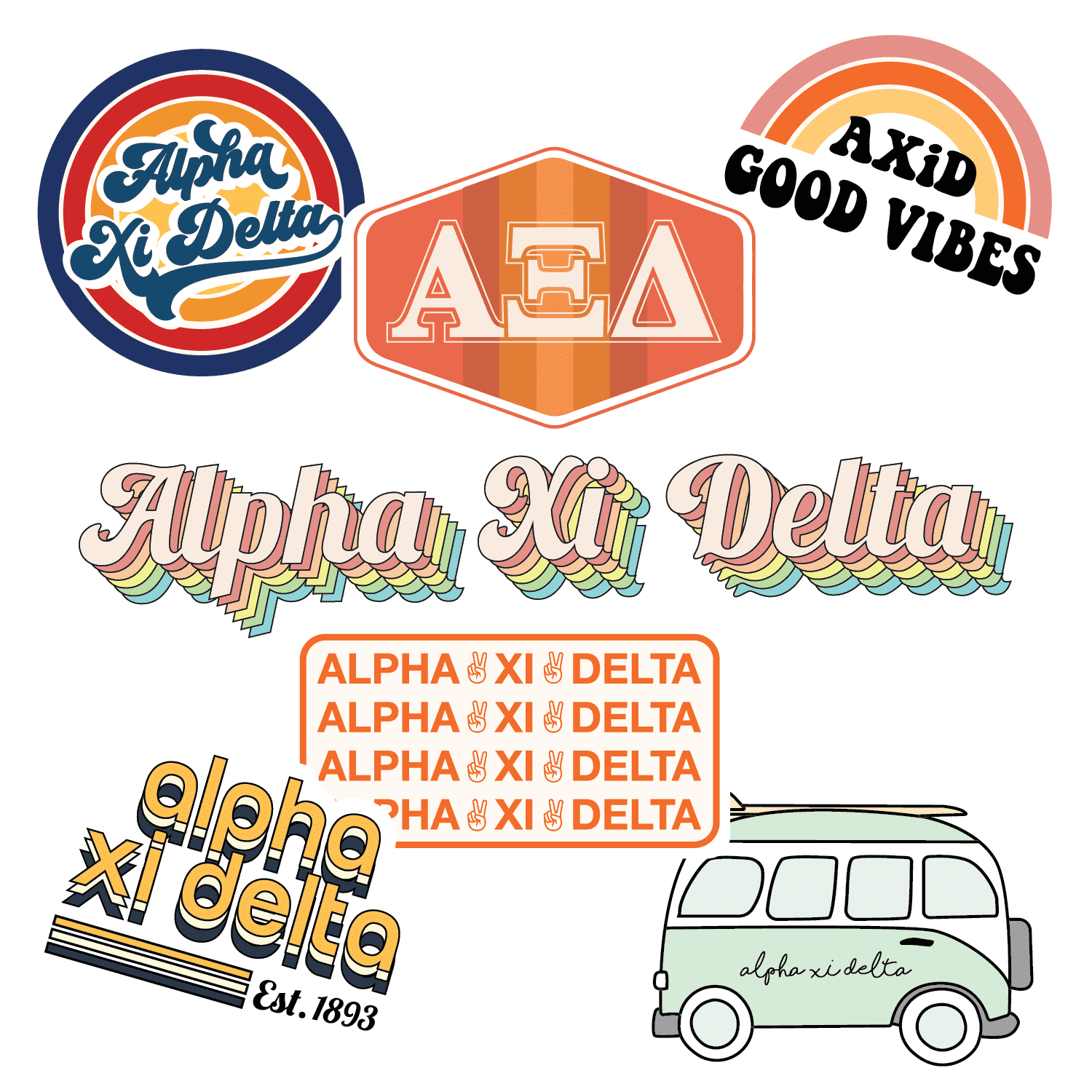 Sorority Shop Alpha Xi Delta - Sticker Sheet - Retro Theme Vinyl ...