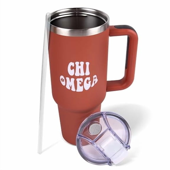 Sorority Shop Chi Omega 40oz Tumbler with Handle - Best Friend Tumblers for Women - Cute Sorority Engraved Tumbler - Insulated Tumblers to Keep Your Drinks Cold or Hot for Hours