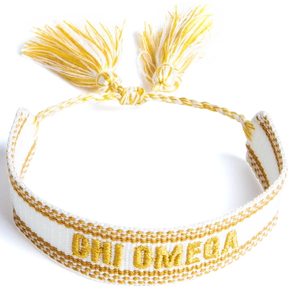 Sorority Shop Chi Omega Bracelet Woven Bracelet, White and Gold Design with ACO Sorority Name and Tassels, Greek Sorority Jewelry