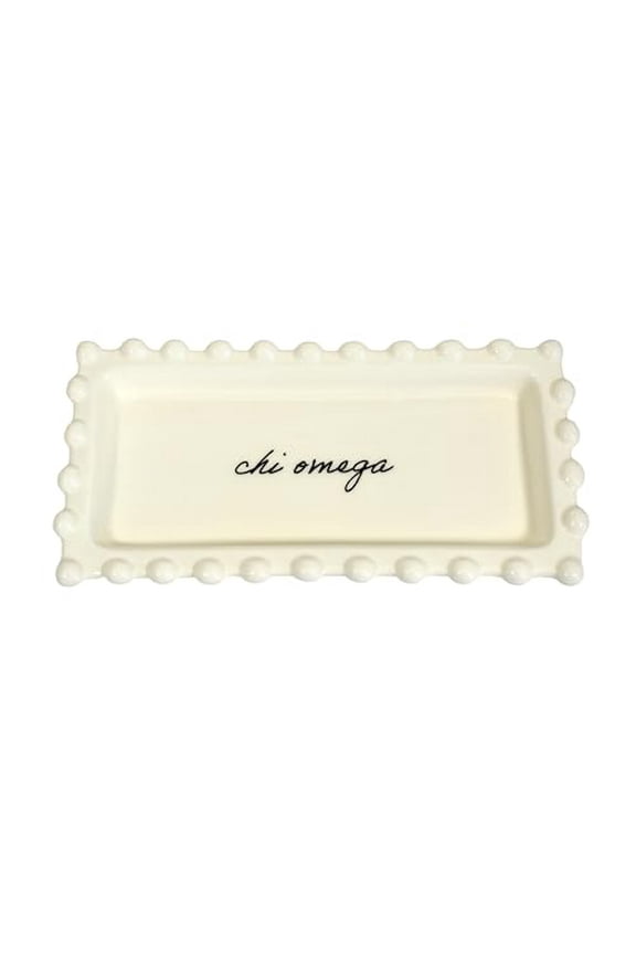 Chi Omega Jewelry Dish - Rectangular Gloss Finish Ceramic tray with Sorority Name in Cursive Script, Multi-Function Ceramic Ring Dish, Ideal for Jewelry and Keys