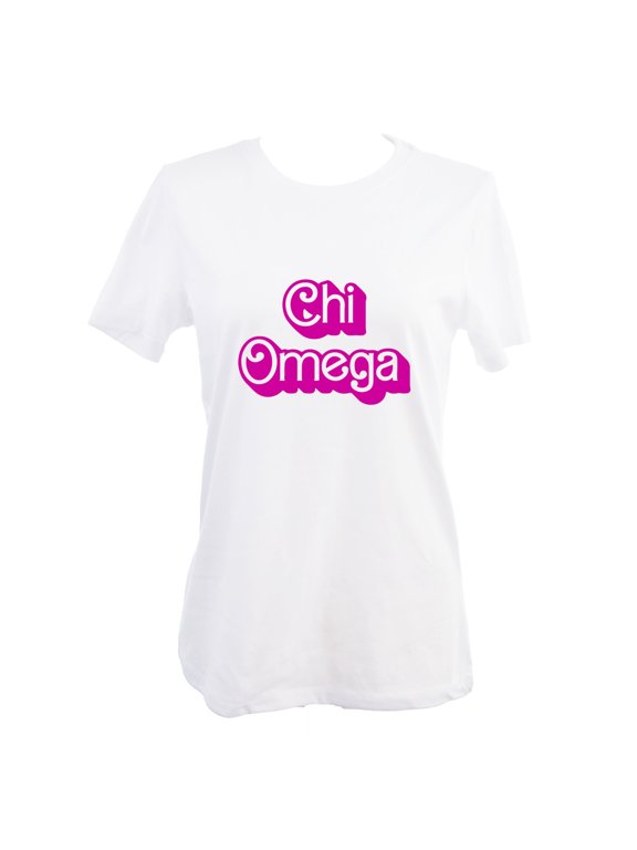 Chi Omega Relaxed Fit T-Shirt with Pink Retro Dolly Design, Size Small