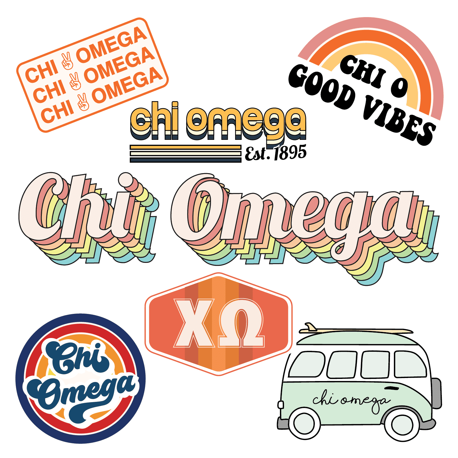 Sorority Shop Chi Omega - Sticker Sheet - Retro Theme Vinyl Sorority ...