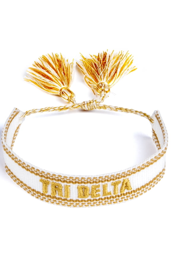 Delta Delta Delta Bracelet Woven Bracelet, White and Gold Design with ACO Sorority Name and Tassels, Greek Sorority Jewelry