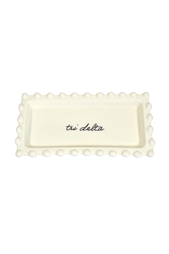 Delta Delta Delta Jewelry Dish - Rectangular Gloss Finish Ceramic tray with Sorority Name in Cursive Script, Multi-Function Tri Delta Ceramic Ring Dish, Ideal for Jewelry and Keys