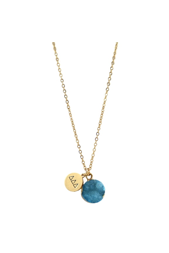 Delta Delta Delta Light Blue Druzy Gemstone Necklace with Engraved Pendant 14K Gold-Dipped Jewelry Sorority Gift, Charm Paraphernalia