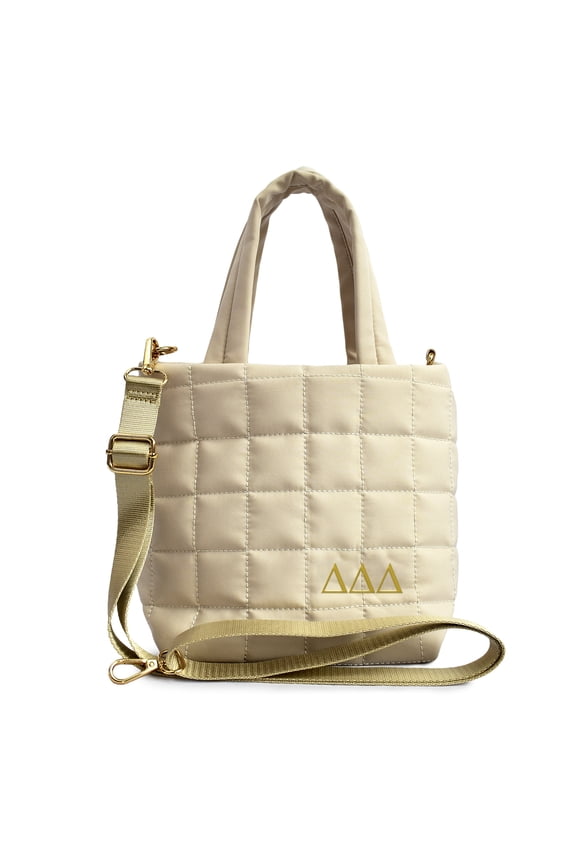 Delta Delta Delta Quilted Tote Bag- Small Crossbody Bag with Sorority Greek Letters Emblem, 5L Capacity
