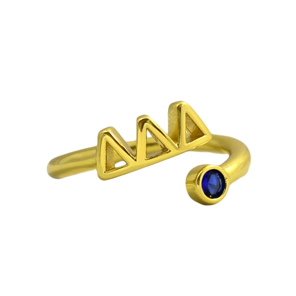 Sorority Shop Delta Delta Delta Ring, Wraparound Ring with 18k PVD Gold Coating and Cubic Zirconia Sapphire Blue Stone
