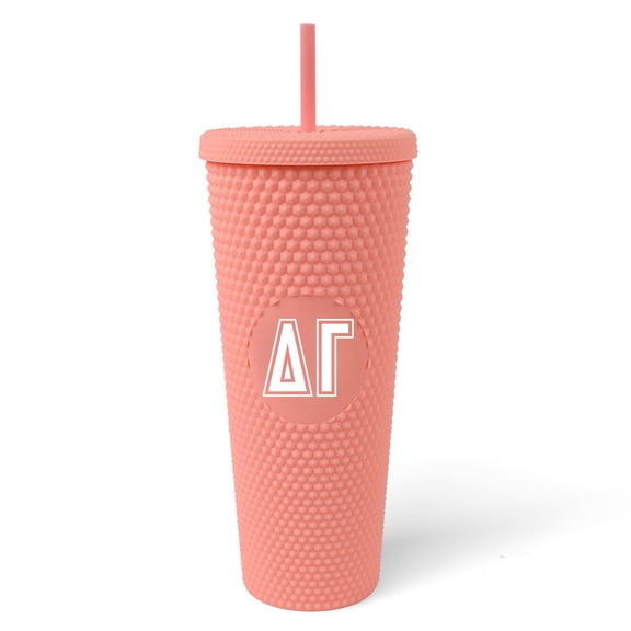 Sorority Shop Delta Gamma Studded Tumbler - 24 Oz Tumbler with Lid and Straw, Matte Coral, Reusable Plastic Cup with Screen Printed Greek Letters