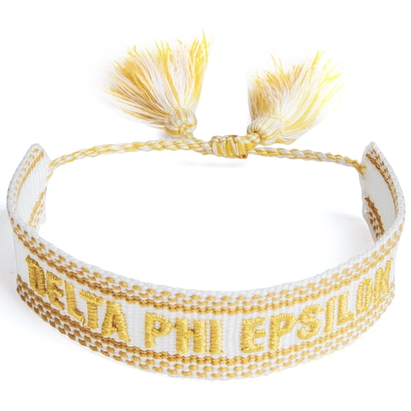 Sorority Shop Delta Phi Epsilon Bracelet Woven Bracelet, White and Gold Design with ACO Sorority Name and Tassels, Greek Sorority Jewelry