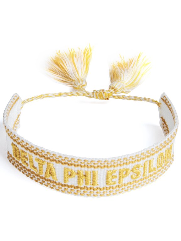 Delta Phi Epsilon Bracelet Woven Bracelet, White and Gold Design with ACO Sorority Name and Tassels, Greek Sorority Jewelry