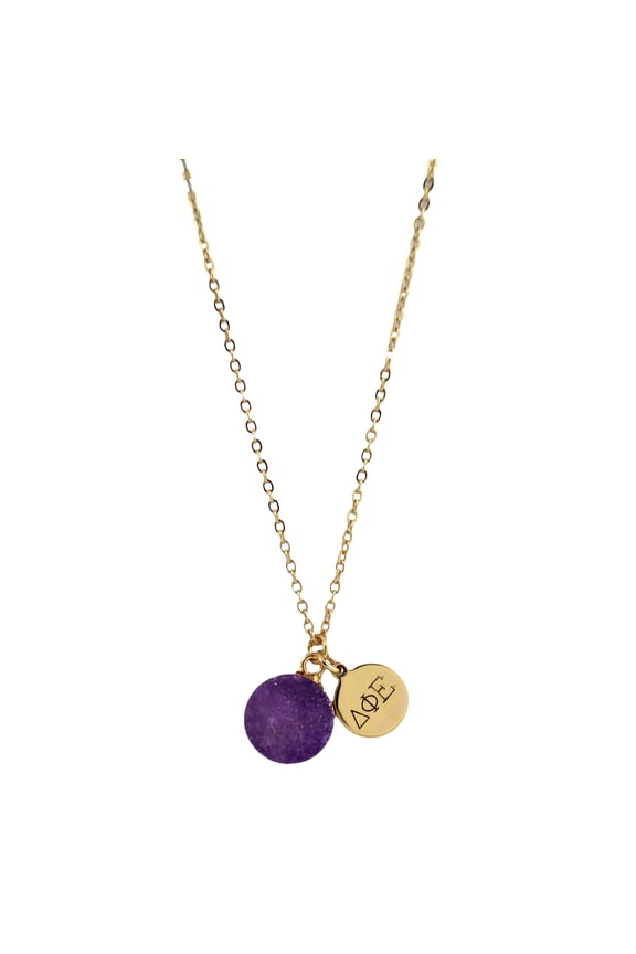 Delta Phi Epsilon Purple Druzy Gemstone Necklace with Engraved Pendant 14K Gold-Dipped Jewelry Sorority Gift, Charm Paraphernalia