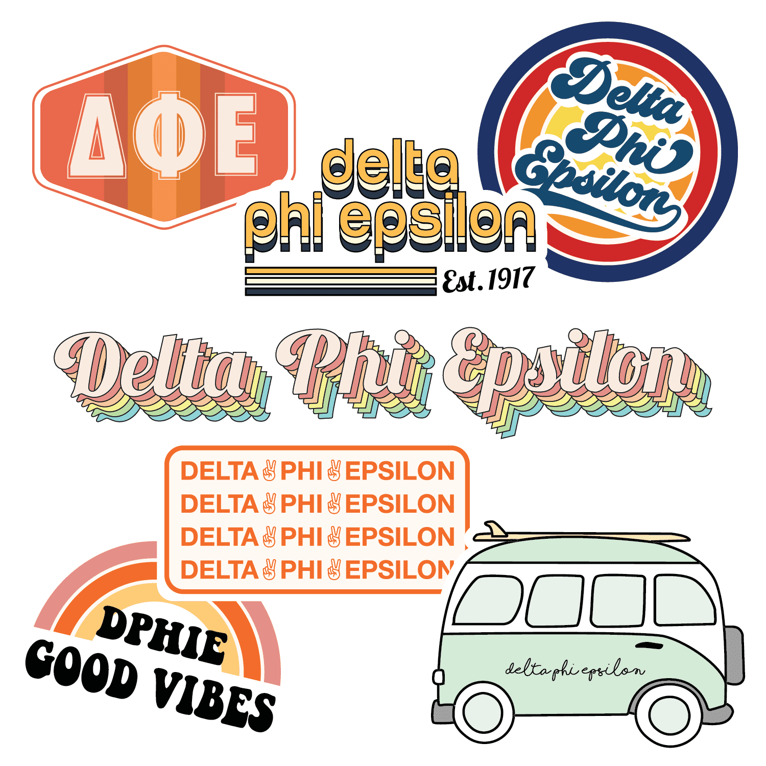Sorority Shop Delta Phi Epsilon - Sticker Sheet - Retro Theme Vinyl ...