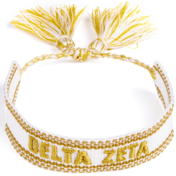Sorority Shop Delta Zeta Bracelet Woven Bracelet, White and Gold Design with ACO Sorority Name and Tassels, Greek Sorority Jewelry