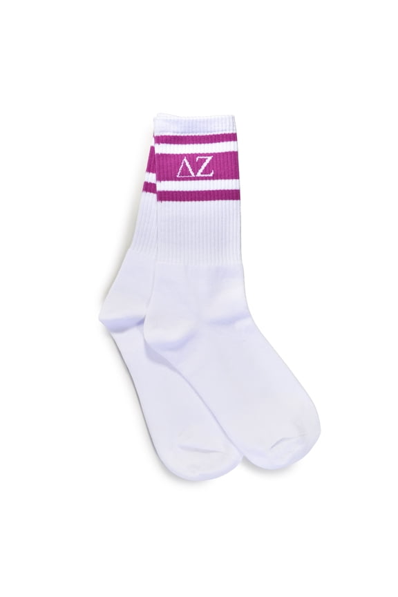 Delta Zeta Socks - Striped Varsity Crew Socks with Sorority Greek Letters