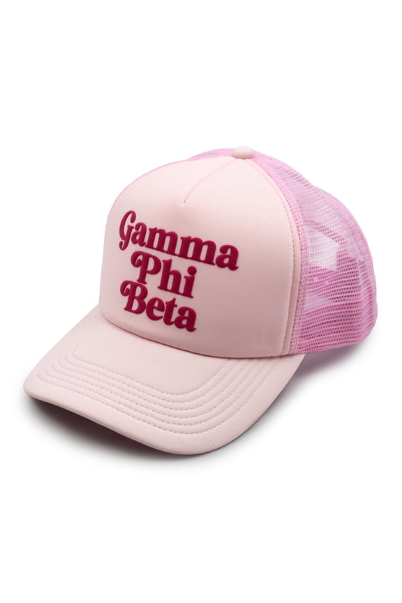 Gamma Phi Beta Baseball Cap - Mesh Trucker-Style Hat, Padded Front Panel and Snap Closure (Pink)