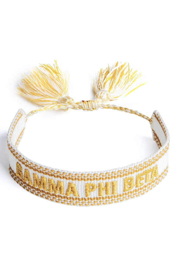 Gamma Phi Beta Bracelet Woven Bracelet, White and Gold Design with ACO Sorority Name and Tassels, Greek Sorority Jewelry