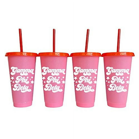 Sorority Shop Gamma Phi Beta Glitter Color Changing Cups, 4-Pack Reusable Cups with Lids and Straws