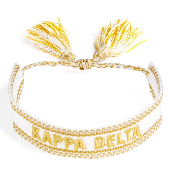 Sorority Shop Kappa Delta Bracelet Woven Bracelet, White and Gold Design with ACO Sorority Name and Tassels, Greek Sorority Jewelry