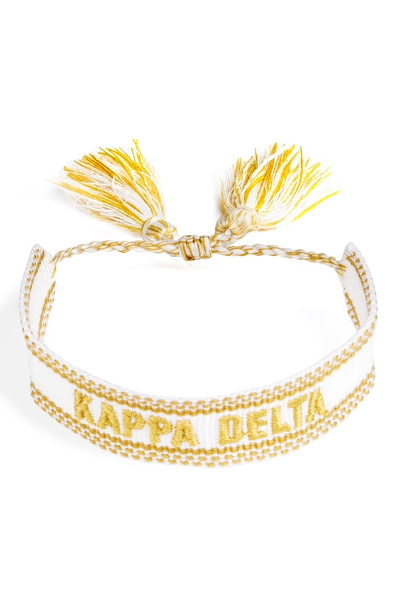 Kappa Delta Bracelet Woven Bracelet, White and Gold Design with ACO Sorority Name and Tassels, Greek Sorority Jewelry