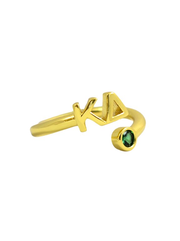 Kappa Delta Ring, Wraparound Ring with 18k PVD Gold Coating and Cubic Zirconia Green Stone