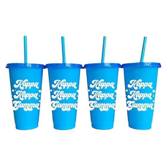 Sorority Shop Kappa Kappa Gamma Glitter Color Changing Cups, 4-Pack Reusable Cups with Lids and Straws