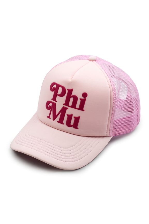 Phi Mu Baseball Cap - Mesh Trucker-Style Hat, Padded Front Panel and Snap Closure (Pink)
