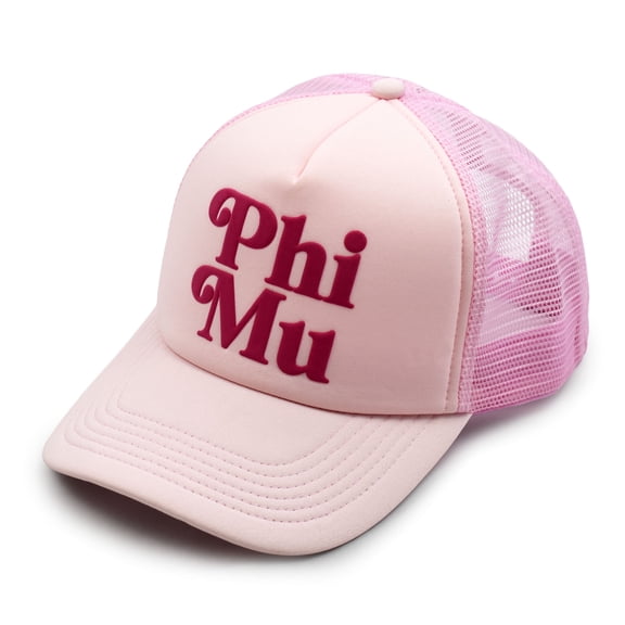 Sorority Shop Phi Mu Baseball Cap - Mesh Trucker-Style Hat, Padded Front Panel and Snap Closure (Pink)